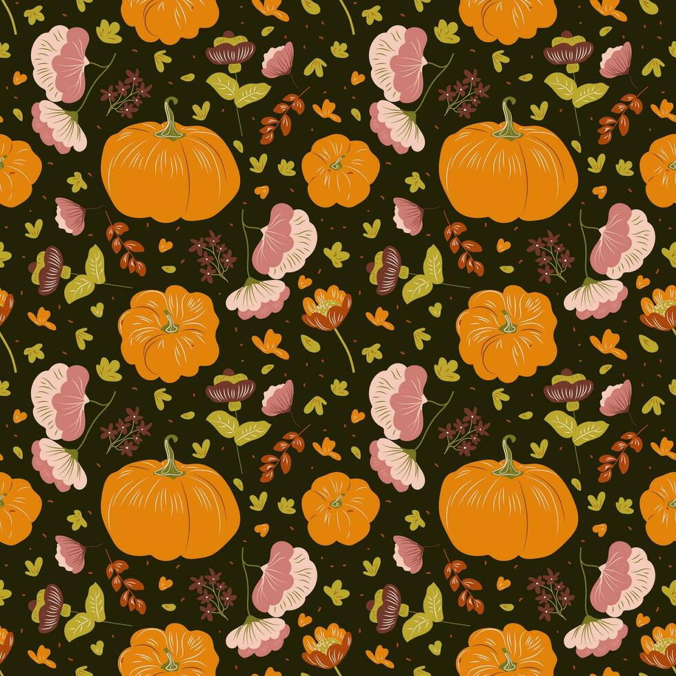 Seamless pattern with pumpkins and plants. Vector pattern with orange pumpkins and pink flowers on a dark brown background in the style of Scandinavian folk, rustic motifs. Rustic print with fall