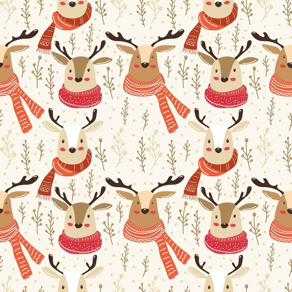 Seamless pattern funny reindeer hand drawn illustration style. Seamless vector reindeer with antlers and with colorful cozy scarves and small raseniya for new year print of packaging or textiles.