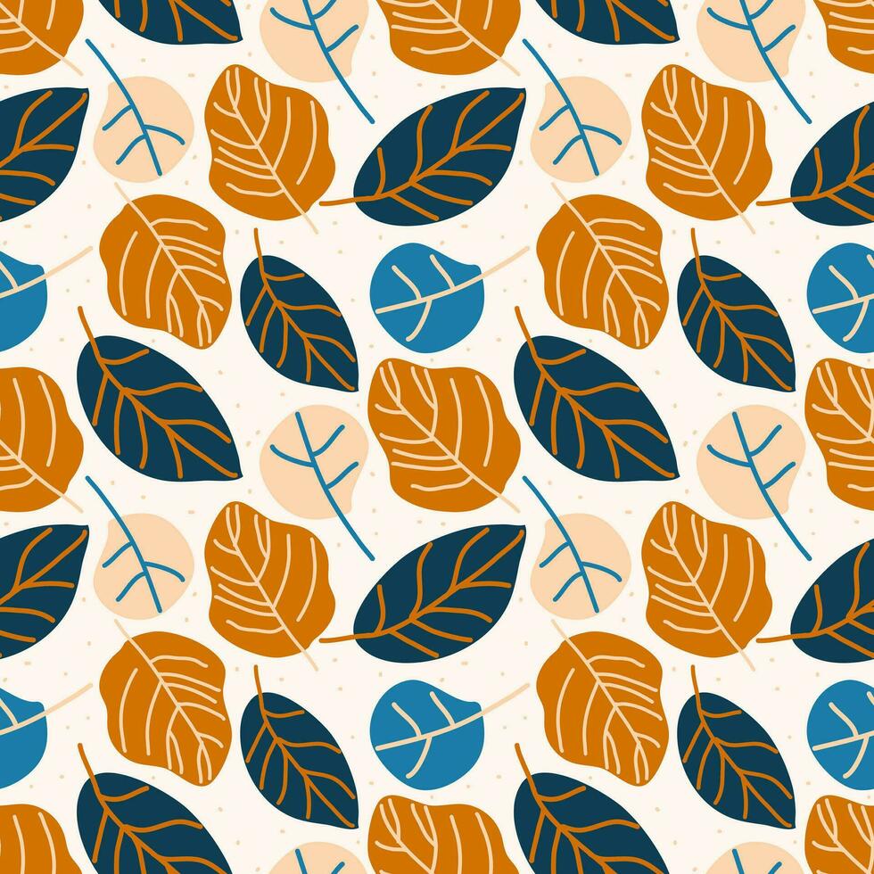 Seamless plant pattern in scandinavian folk style. vector pattern of blue and orange leaves drawn in simple shapes for fall packaging print or for textiles.