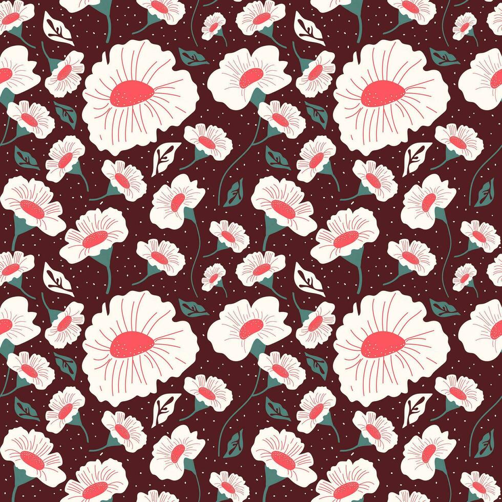 Seamless pattern with large and small flowers with stems. Seamless vector with flowers simple shapes for packaging or textile print.