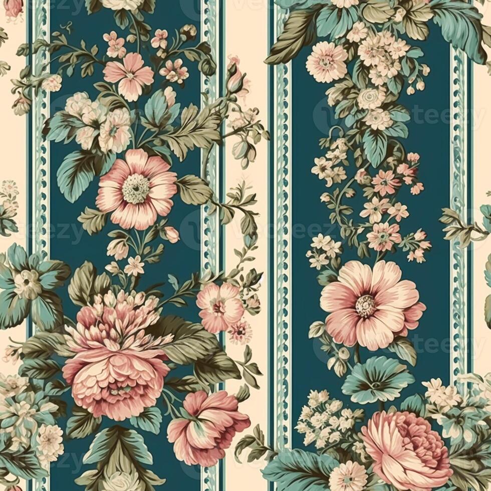 sin costura modelo con flores, clásico país cabaña estilo floral y rayas impresión para fondo de pantalla, tela y producto diseño, generativo ai foto