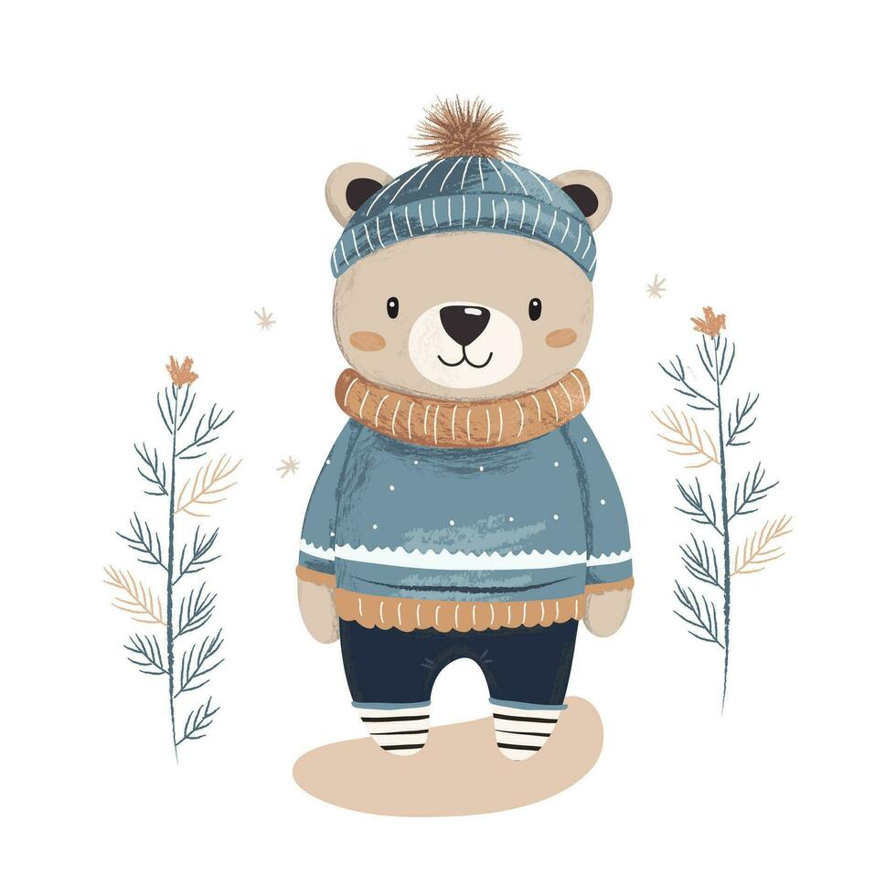 Illustration of a cute little gray bear in a blue sweater and hat next to a pine tree. Animal character for a package or textile print. vector