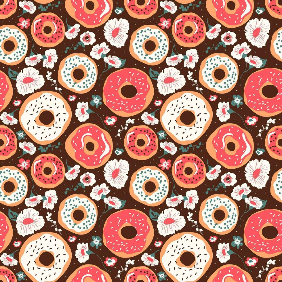 Seamless pattern with pink donuts and sprinkles and flowers. Vector pattern with beautiful round donuts and white flowers for packaging or textile print.
