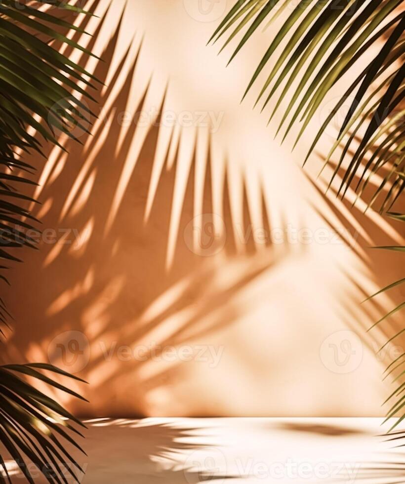 Tropical background for a product placement, palm tree leaves and sunlight shadows on the wall, minimalistic botanical backdrop, palms on a hot sunny day, photo