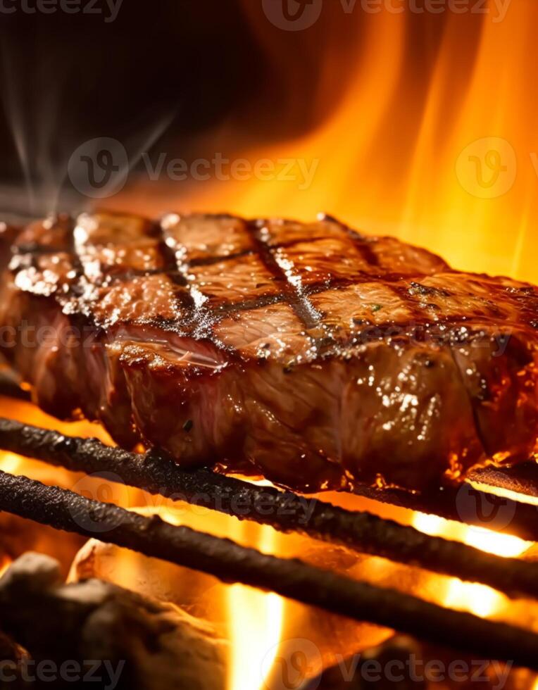 carne carne de vaca filete A la parrilla en fuego, comida barbacoa y caliente parrilla, generativo ai foto