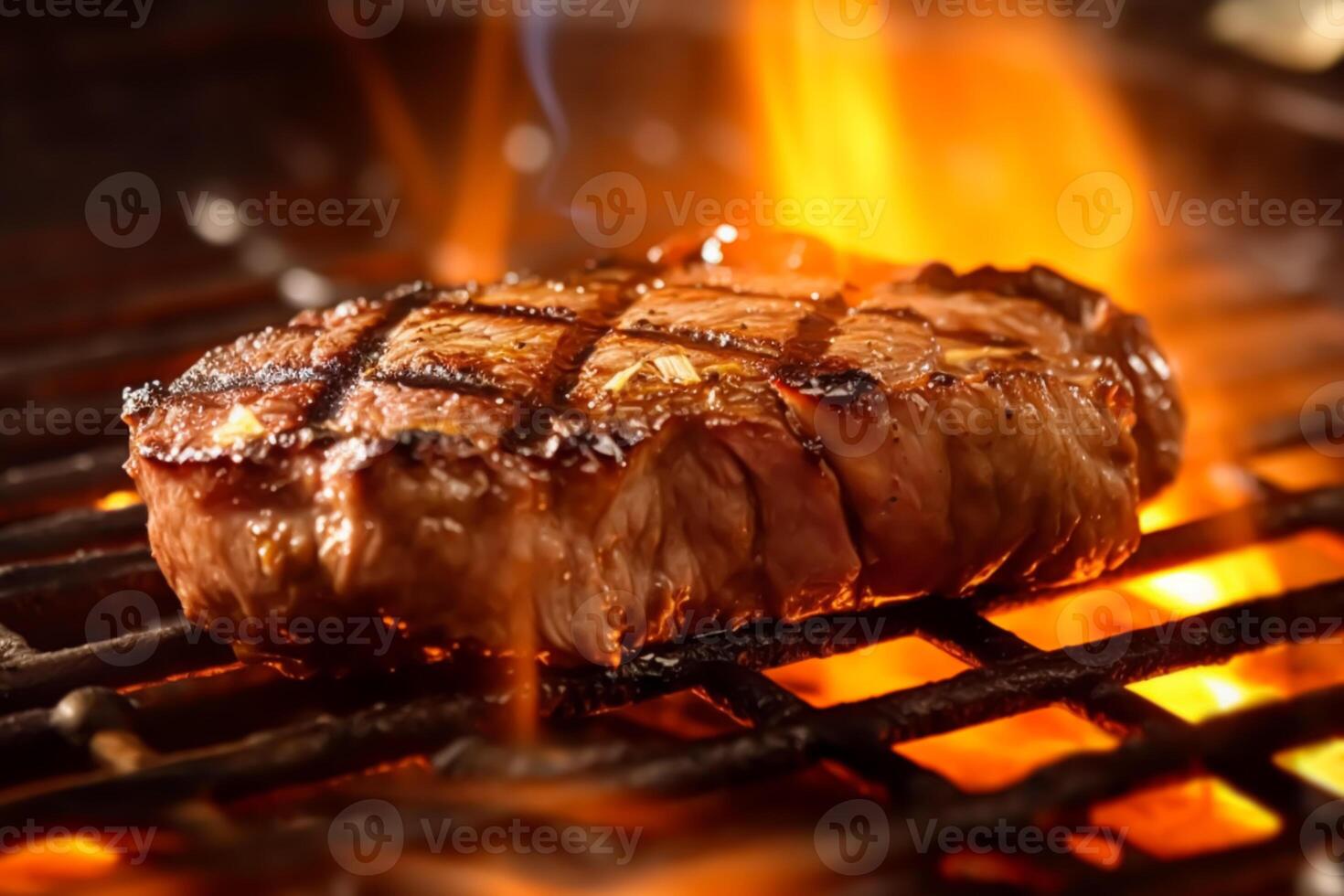 Meat beef steak grilled on fire, food bbq and hot grill, photo