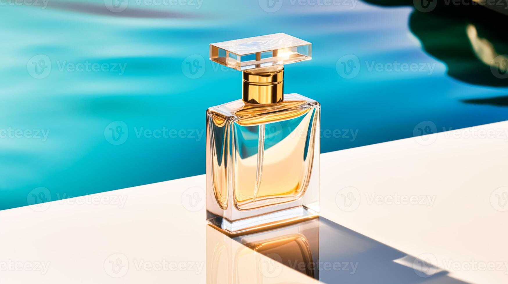 Luxury womens fragrance, bottle of perfume scent by the swimming pool in summer, bespoke perfumery and beauty product sale commercial, generative ai photo