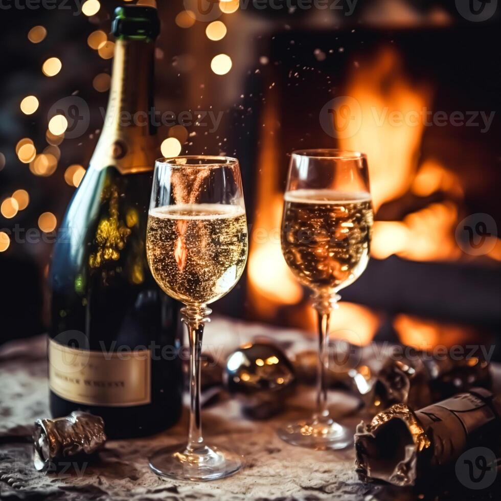Champagne in front of a fireplace on a holiday eve celebration, Merry Christmas, Happy New Year and Happy Holidays wishes, photo