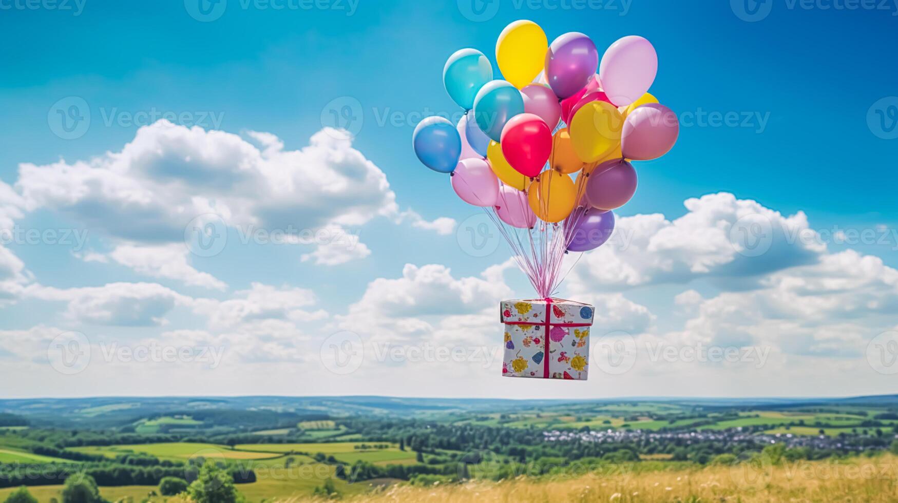 postal servicio, tienda entrega y en línea compras, volador globos que lleva un paquete o empaquetar caja en el campo en un soleado día, generativo ai foto