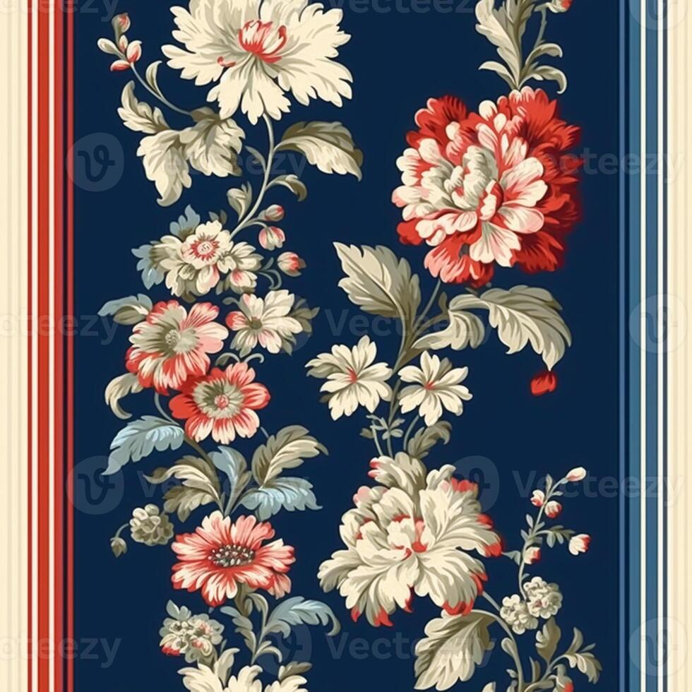 sin costura modelo con flores, clásico país cabaña estilo floral y rayas impresión para fondo de pantalla, tela y producto diseño, generativo ai foto