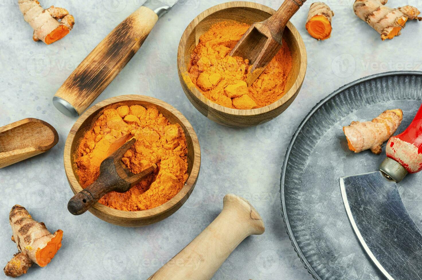 Turmeric root and turmeric powder, medicine herb. photo
