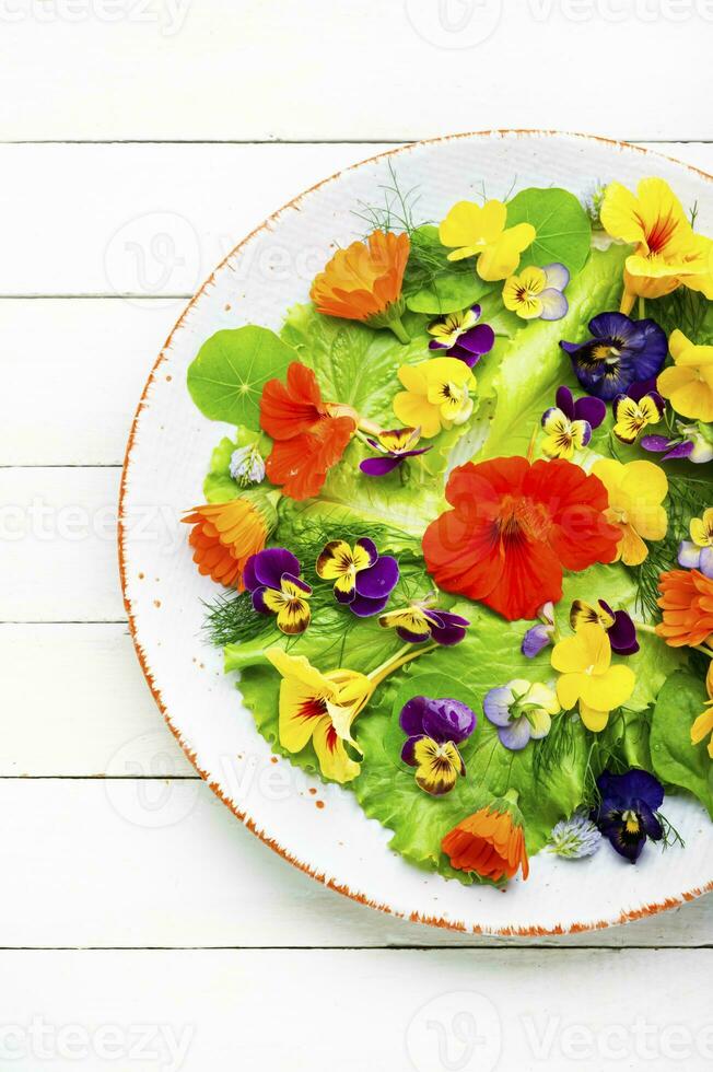 Spring salad with greens and edible flowers,white background photo