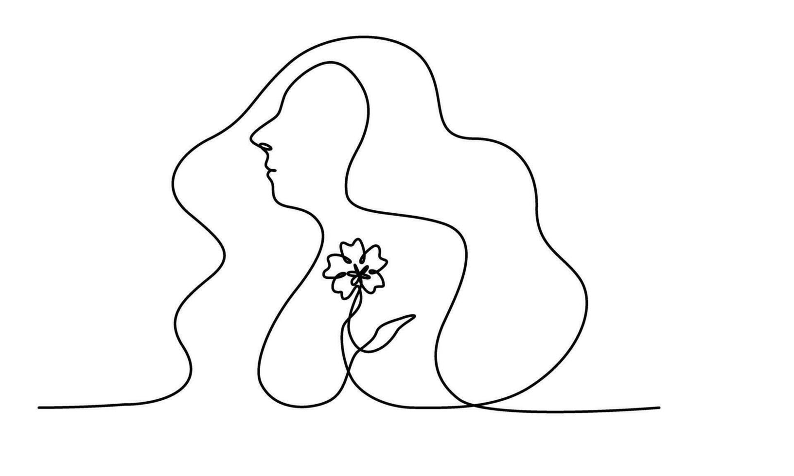 continuo línea Arte de un hermosa mujer con un flor adentro, arte lineal vector ilustración.