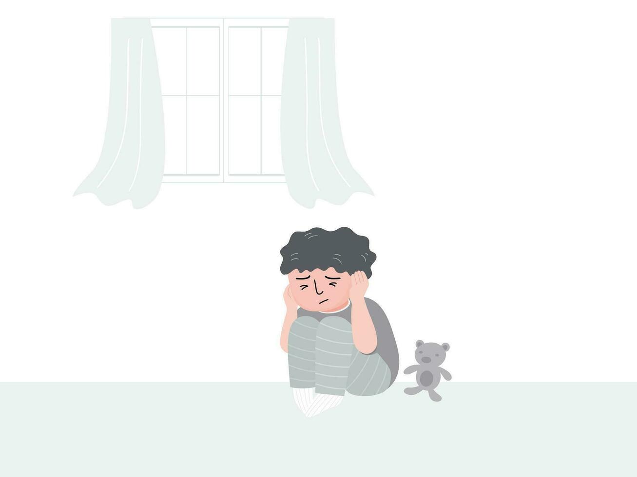A scared child sitting on the floor with hands over ears, violence against children concept. Flat vector illustration.