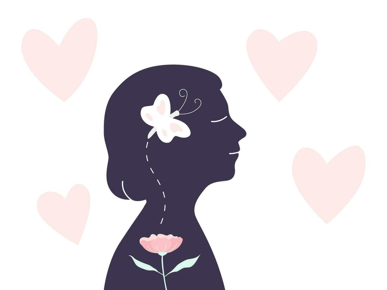 silueta de sonriente caras niño con flor y mariposa dentro y corazón fondo, mental salud conciencia concepto. plano vector ilustración.