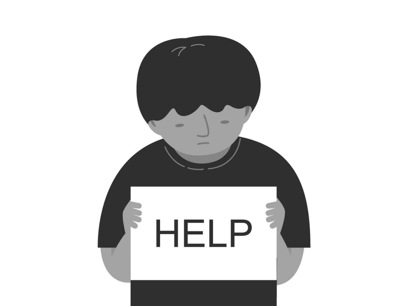 Isolated of a boy holding white paper with help word inside, ask for help in children mental health concept. flat vector illustration.