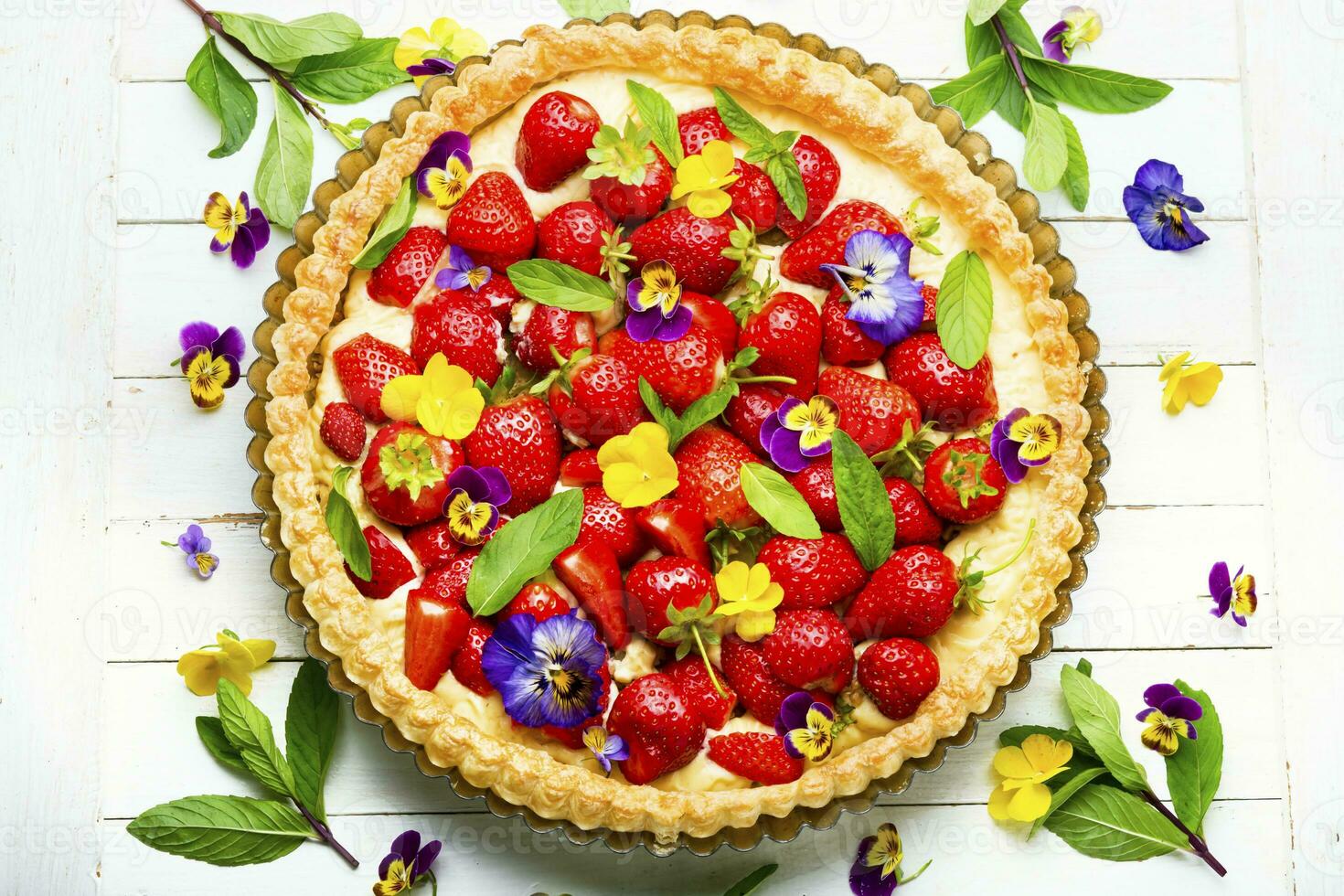 Traditional strawberry pie or tart,top view photo