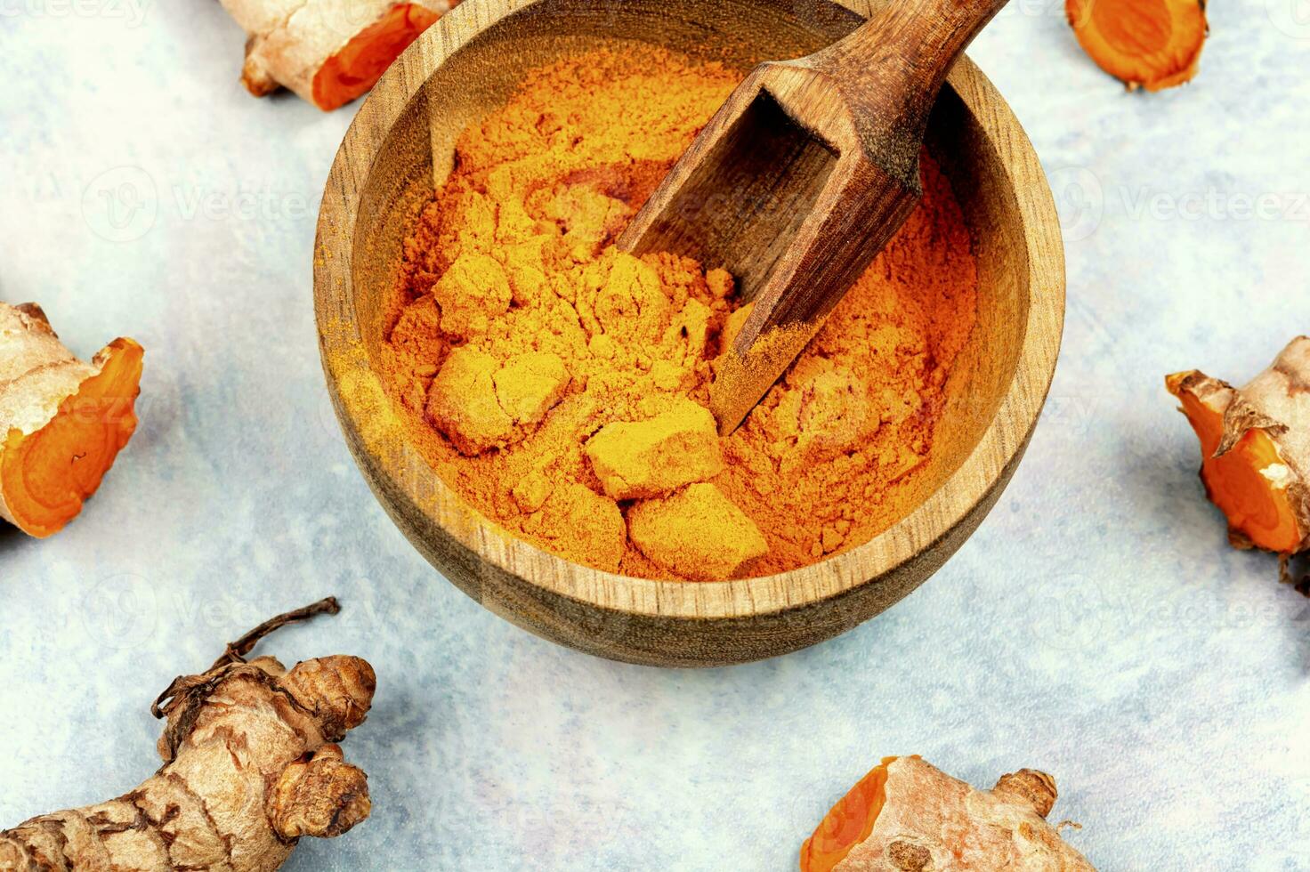 Turmeric root and turmeric powder, medicine herb. photo