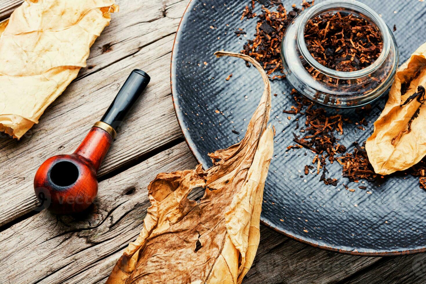 Smoking pipe with tobacco leaves photo