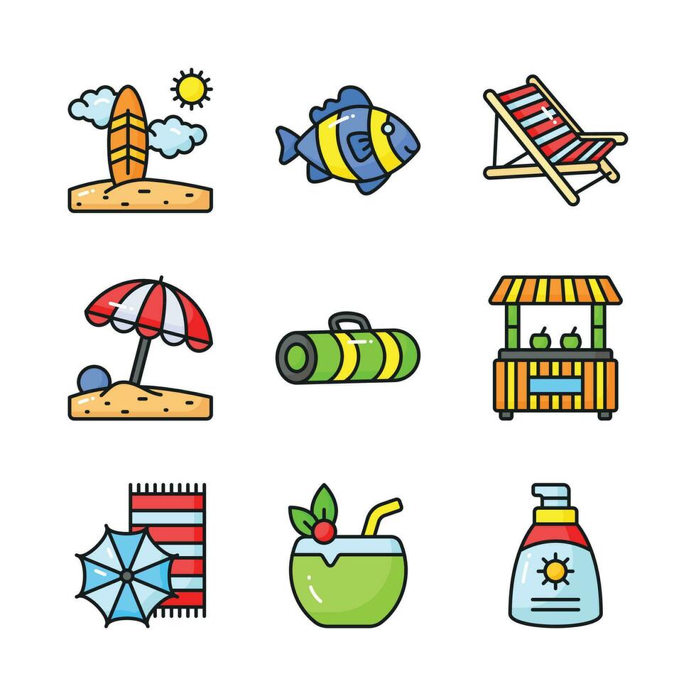 Embrace the warmth and relaxation of summer with a charming collection of icons that evoke beachside bliss vector