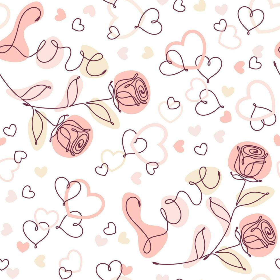 Seamless doodle pattern with linear romantic symbols and abstract shapes of pastel colors. Decoration for Wedding, Valentine day, Engagement events. vector