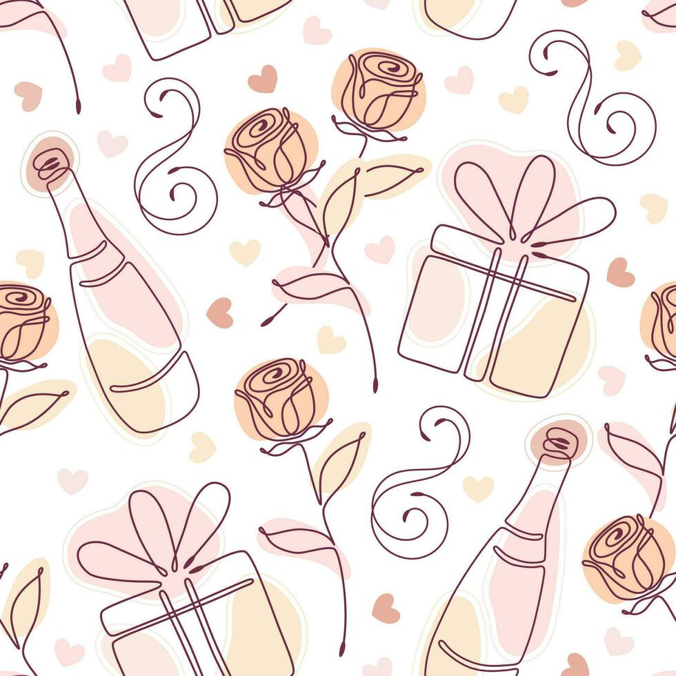 Seamless doodle pattern with linear romantic symbols and abstract shapes of pastel colors. Decoration for Wedding, Valentine day, Engagement events. vector