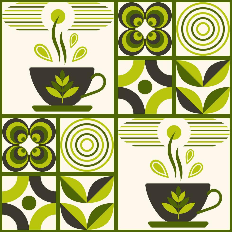 Tea themed pattern with icons, design elements in simple geometric style. Seamless background with abstract shapes. Good for branding, decoration of food package, cover design, textile kitchen prints vector