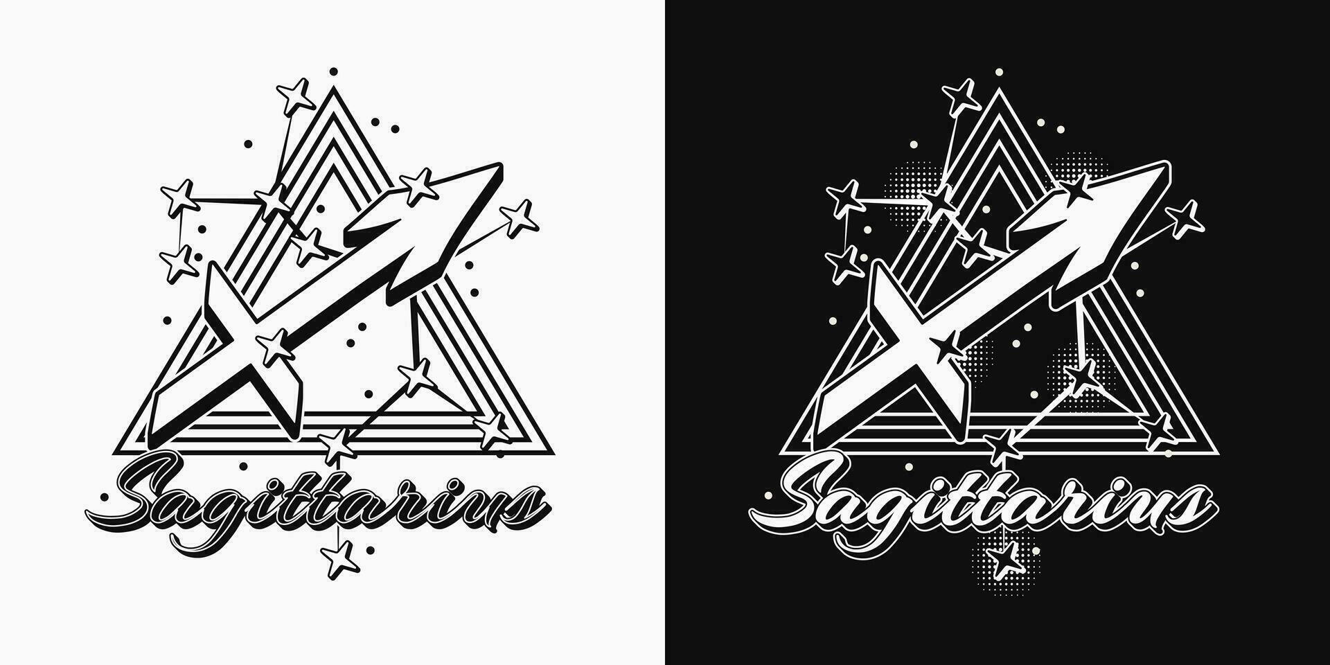 Monochrome icon of zodiac sign Sagittarius with constellation with stars, text, triangle as alchemical symbol for fire element. Horoscope esoteric design elements. Vintage style. vector