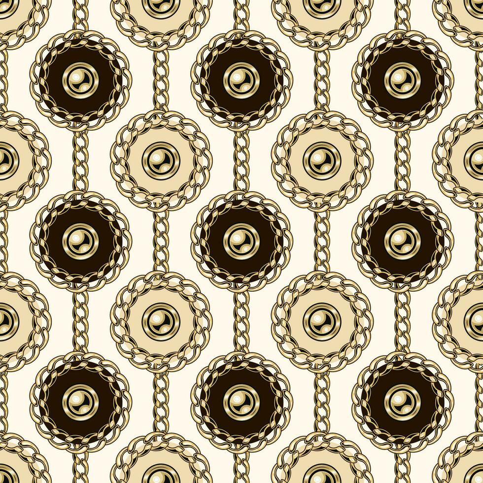 Seamless pattern with circles with gold chains, beads. Vertical lined up elements on a beige background. Pastel noble colors. vector