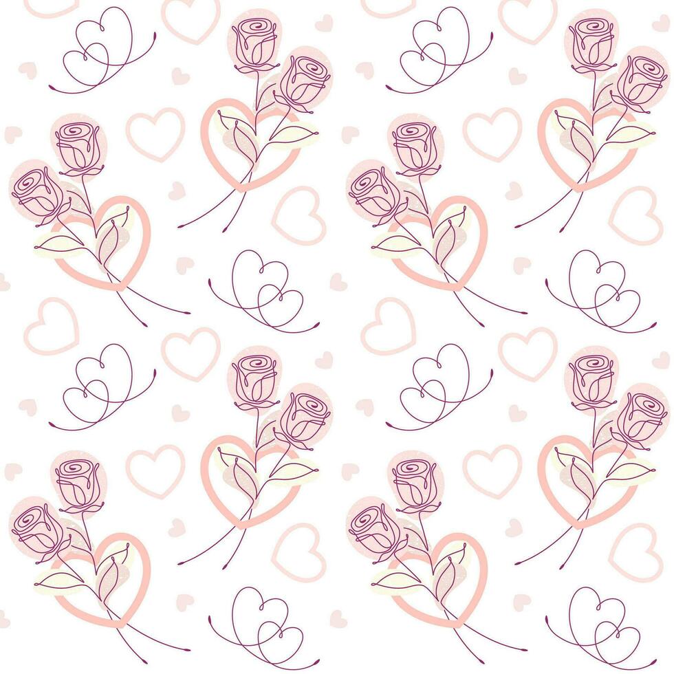 Seamless pattern with roses, hearts, abstract pastel color shapes. Minimal laconic graphic style with one line drawing. Vector pattern for decoration of wedding, engagement event, Valentines Day.