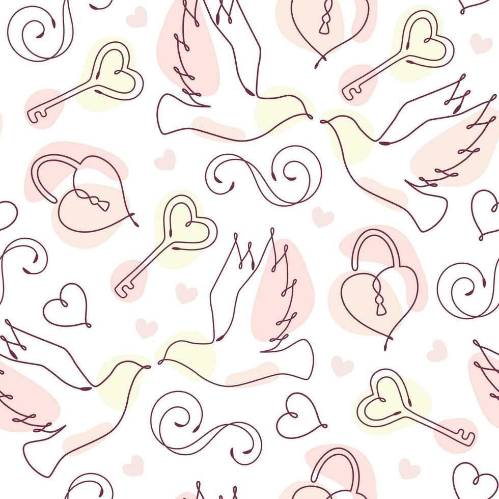 Seamless doodle pattern with linear romantic symbols and abstract shapes of pastel colors. Decoration for Wedding, Valentine day, Engagement events. vector