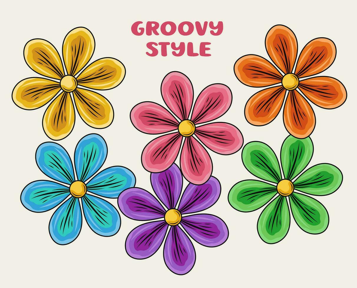 Set of colorful chamomile flowers with 6 petals. View from above. Good for groovy, hippie, naive style, kids design. vector