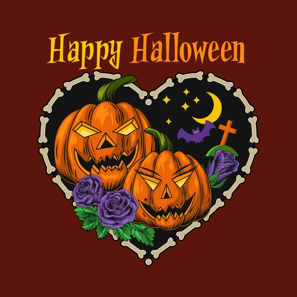 Halloween funny romantic emblem with pumpkin heads stylized as human male and female faces. Text Happy Halloween. Heart shaped frame made of bones. Isolated vector illustration on a red background