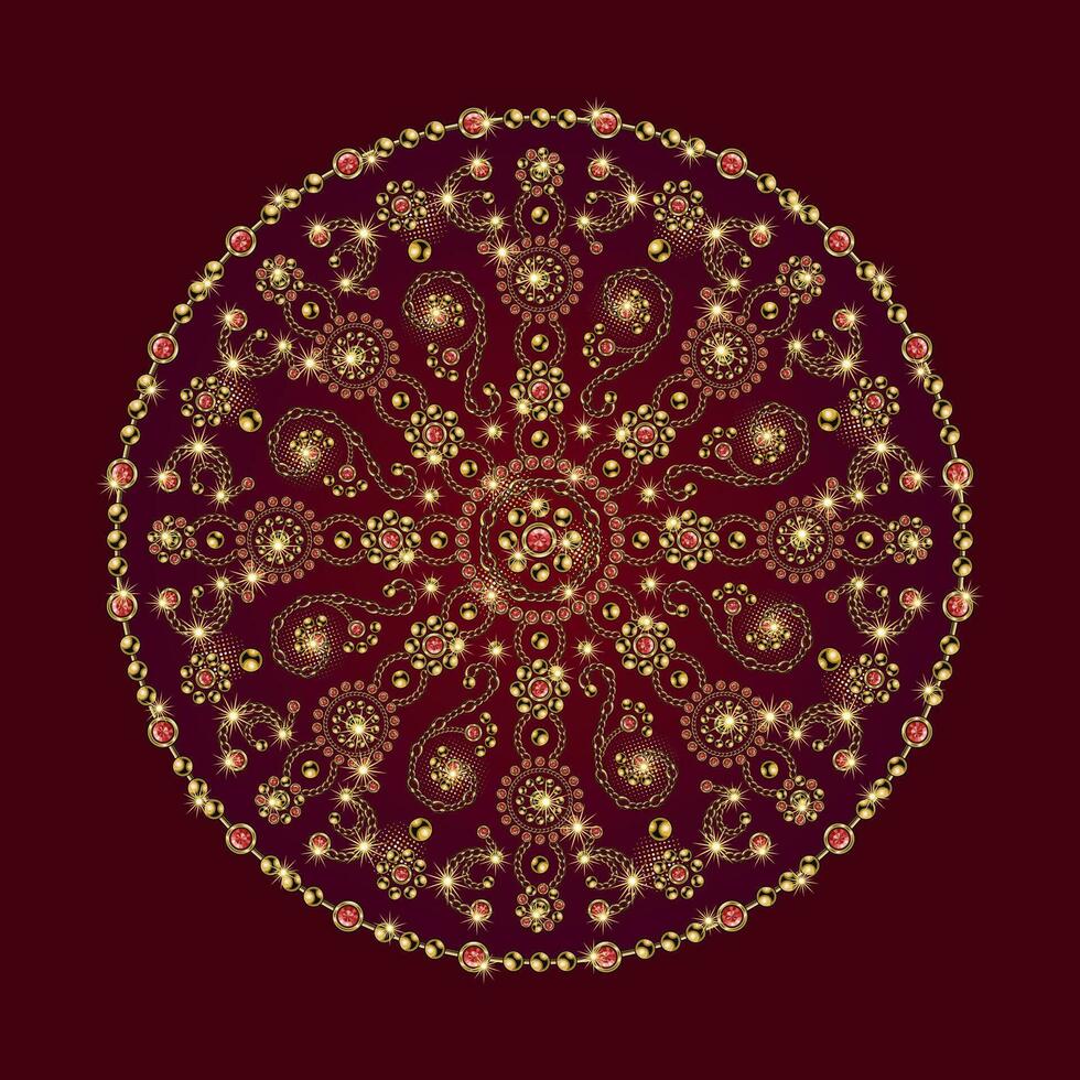 Jewellery luxury mandala with round motifs. Ornament made of gold jewelry chains, red gems, rhinestones, ball beads in vintage style. For prints, poster, cover, textile, surface design. vector