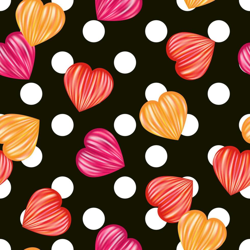 Pattern witn big polka dot ornament, colorful striped hearts on black background. Simple, conspicuous, bright illustration. For prints, clothing, surface design. vector