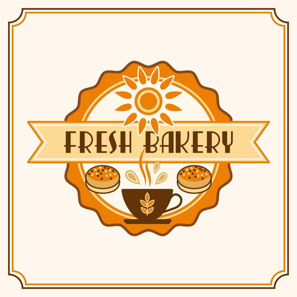 Bakery themed label with hot cup, buns, sun, text Fresh Bakery. Simple geometric style. Vector