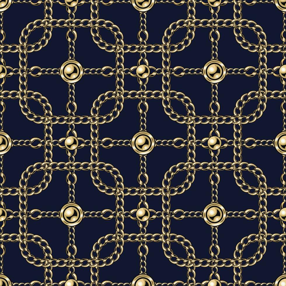 Tiled seamless pattern. Staggered vintage geometric pattern with rounded squares, gold realistic chains, beads. Classic elegance design. vector