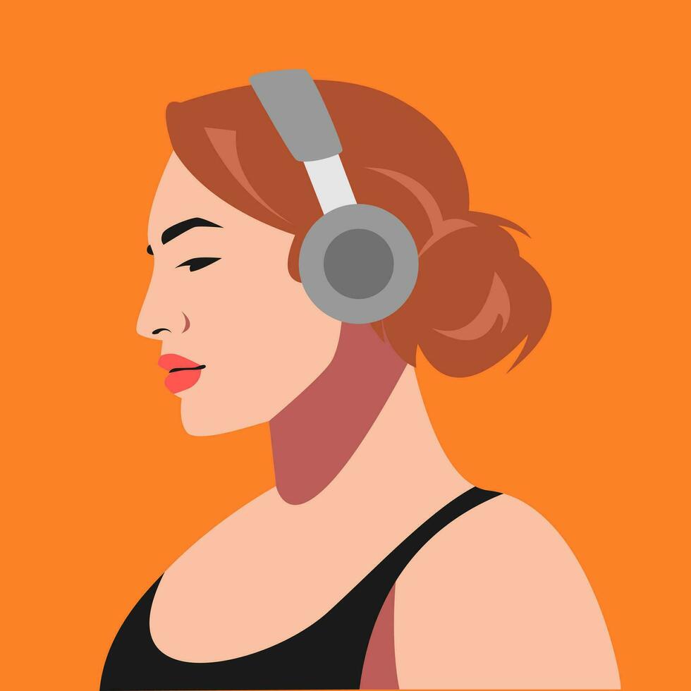 portrait of brunette woman wearing headphoness. side view. suitable for avatar, social media profile photo. vector graphic.