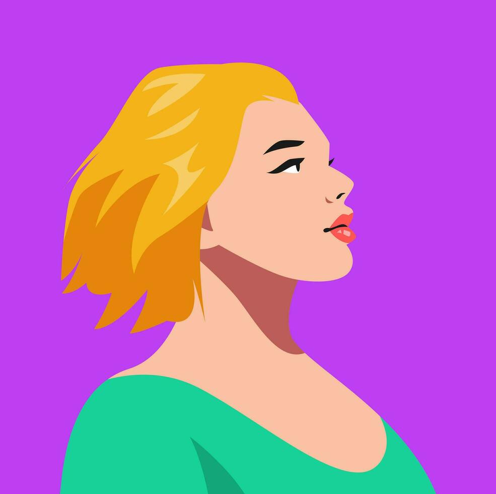 avatar portrait of woman face with short hairstyle. colored. side view. vector graphic.