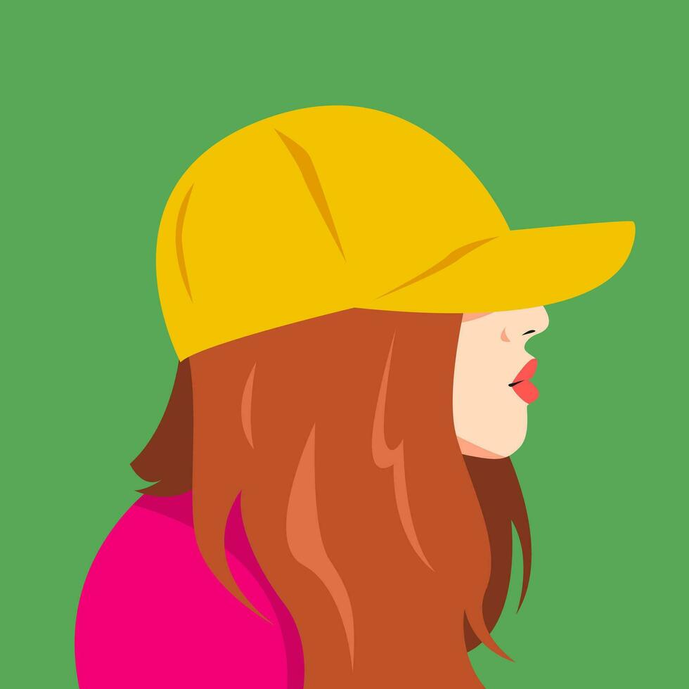 retrato de niña vistiendo béisbol gorra cubierta ojos. lado vista. adecuado para avatar, social medios de comunicación perfil, imprimir, etc. vector plano gráfico.