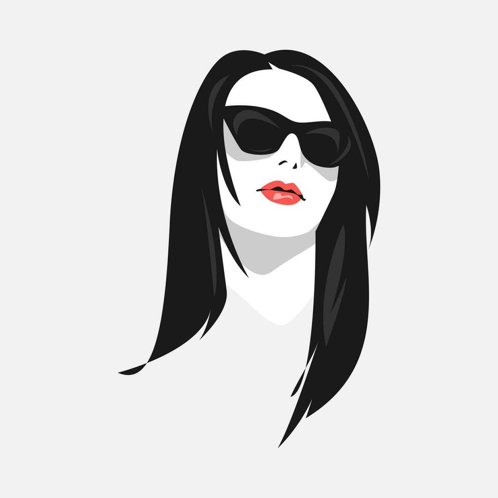 beautiful woman face with long straight hair wearing sunglasses. for t-shirt design, print, decoration, etc. vector graphic.