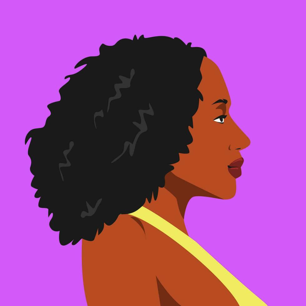 retrato de africano mujer con Rizado peinado. lado vista. diversidad. adecuado para avatar, social medios de comunicación perfil, imprimir, etc. plano vector gráfico.