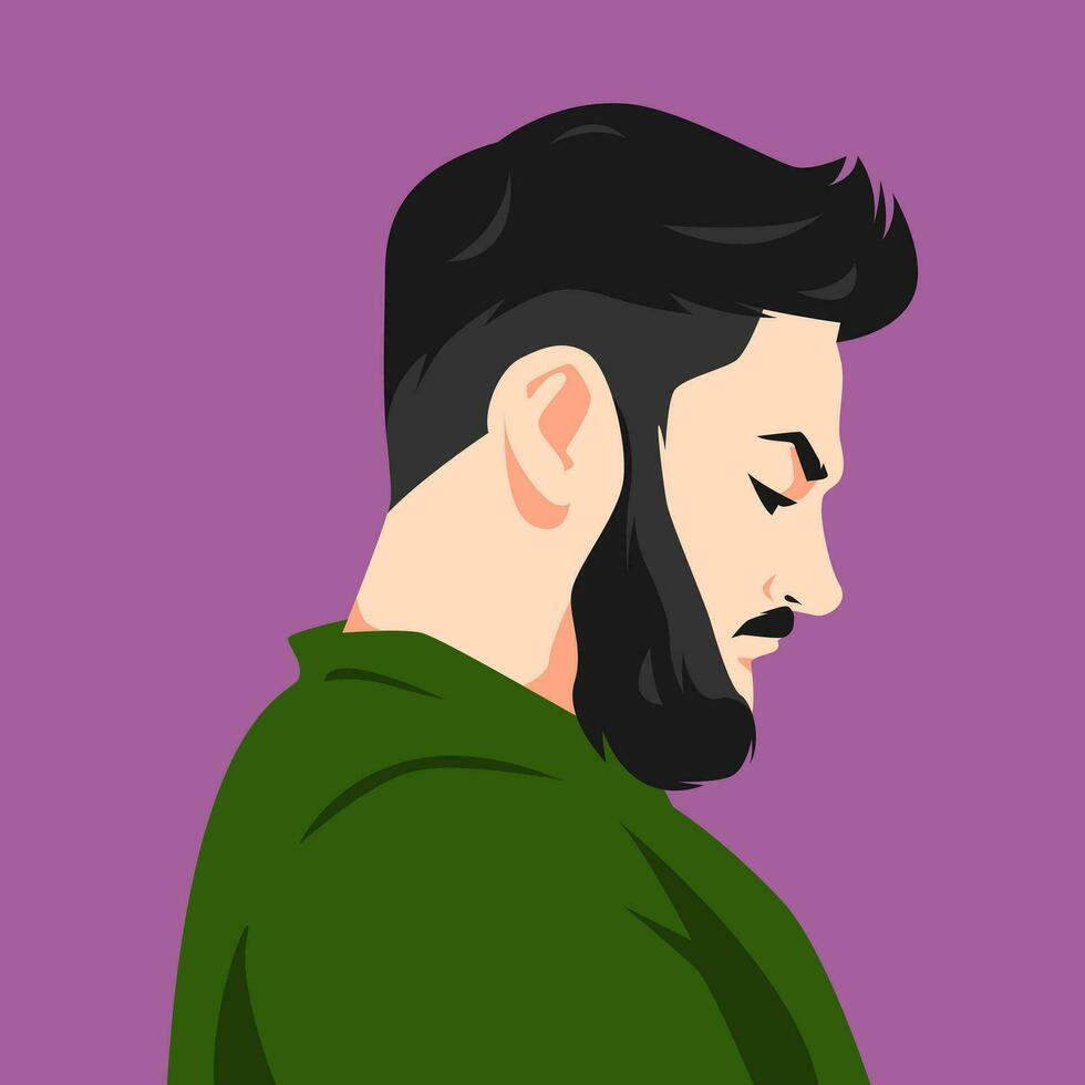 portrait of a man with undercut hairstyle and beard looking down. side view. for avatars, profile photos on social media, web, print, etc. flat vector graphics.