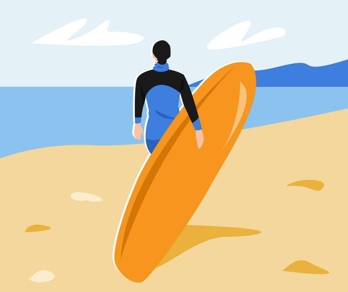 espalda ver mujer participación tabla de surf en playa. concepto de verano, Deportes, viajar, estilo de vida, etc. plano vector ilustración.