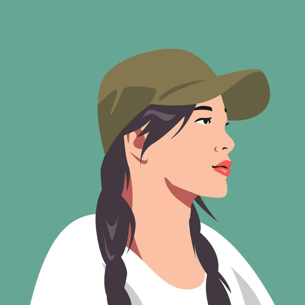 avatar girl with pigtail hairstyle wearing hat. side view. vector graphic.