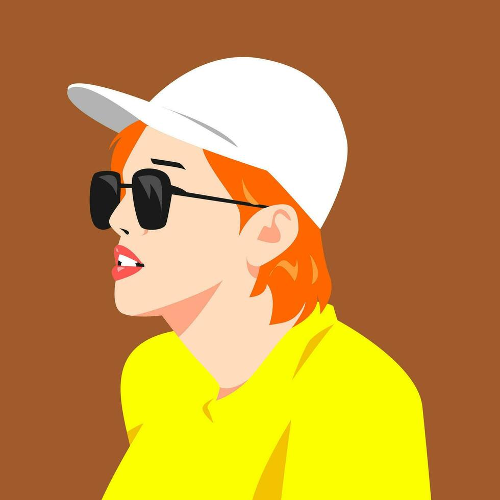 portrait of short hair girl wearing baseball cap and sunglasses. side view. suitable for avatar, social media profile, print, etc. vector flat graphic.