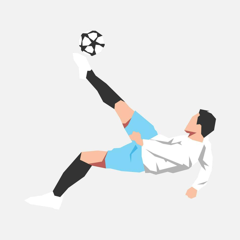 male soccer, football player doing overhead kick or bicycle kick. sports theme, football, activity. flat vector illustration.