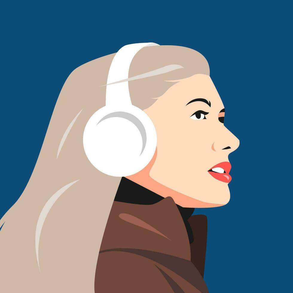 retrato de rubia mujer escuchando a música con auriculares. lado vista. adecuado para avatar, social medios de comunicación perfil, imprimir, etc. plano vector gráficos.