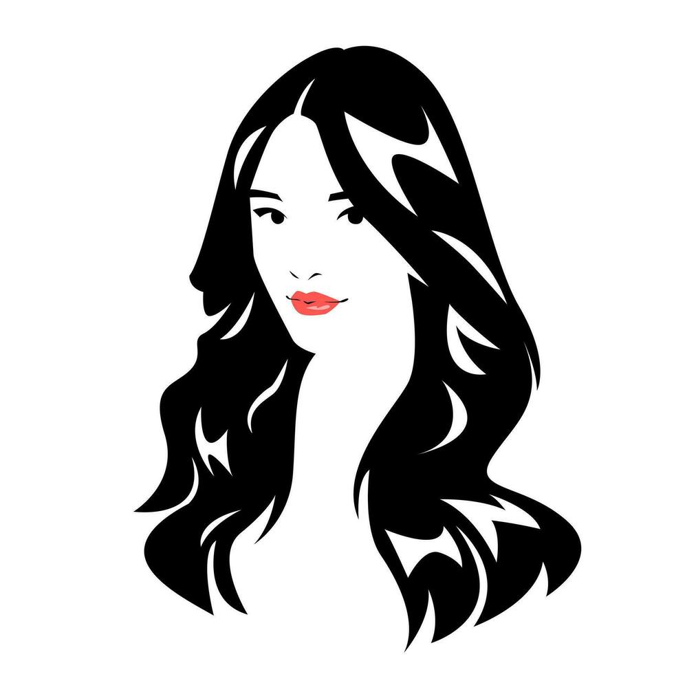 beautiful girl with long wavy hair. isolated white background. vector black and white illustration.