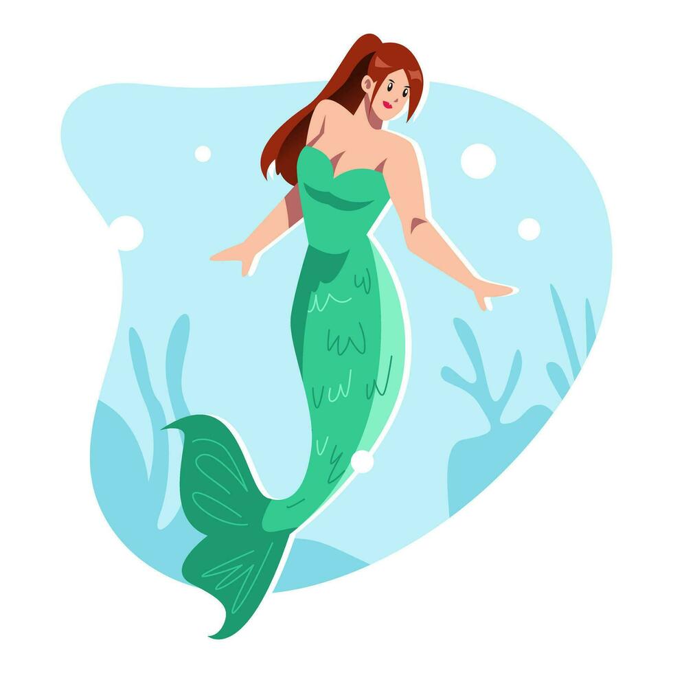 beauty mermaid in the sea. Isolated on sea background, marine plants, seaweed. Vector illustration cartoon flat
